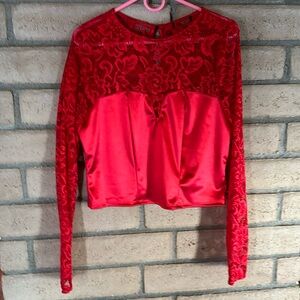 satin and lace stretch top red 2x